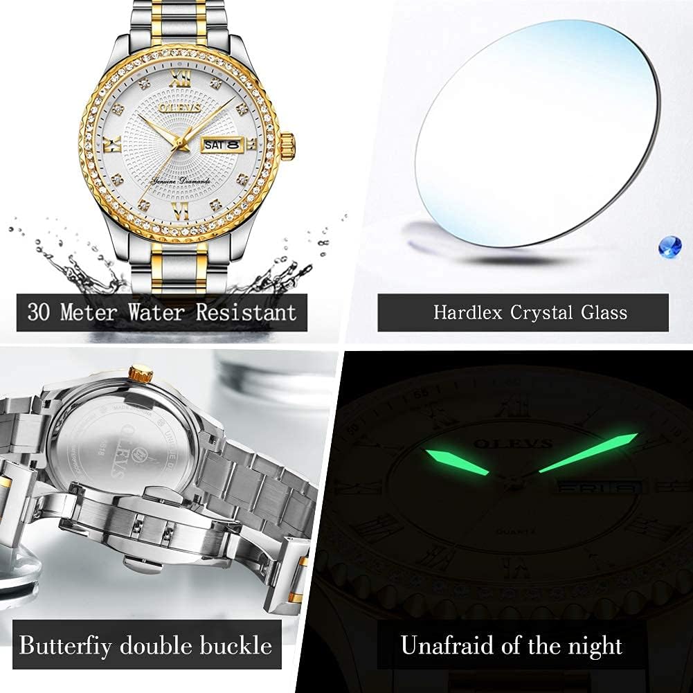 OLEVS Diamond Watches for Men,Business Dress Watch Waterproof Luminous,Male Golden Big Dial Luxury Casual Quartz Analog Watches with Day Date Calendar and Stainless Steel Band - Image 4