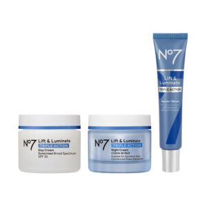 No7 Lift & Luminate Triple Action Skincare Set – Broad Spectrum Anti Aging Day Cream SPF 30 + Vitamin C Wrinkle Serum + Collagen Peptide Brightening Night Cream (3 Piece Kit)