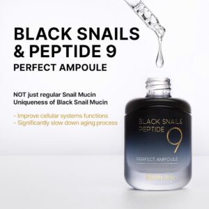 Farmstay Black Snail & Peptide9 Perfect Ampoule, Korean Snail Mucin Serum for Elastic & Glow Skin, Boosting Radiance & Repairing Skin Barrier Serum, for Women & Men, Korean Skin Care, 1.18 Fl. Oz.