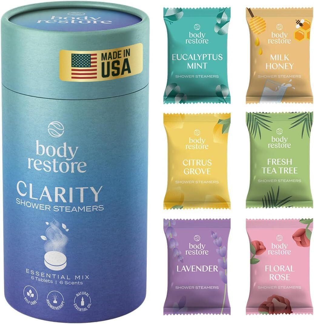 Body Restore Shower Steamers Aromatherapy 6 Pack - Birthday Gifts for Women, Men, Travel Essentials, Stress Relief, Relaxation, Self Care - Variety