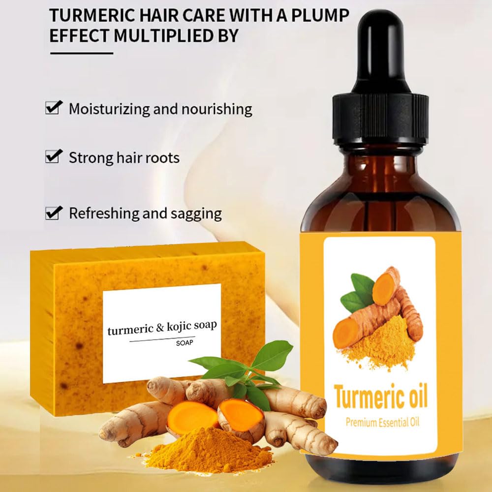 Turmeric Soap & Essential Oil Set, 6 Counts Turmeric Soap and Essential Oils with Soap Bag, Turmeric Oil Premium Essential Oil Set for Face & Body, Turmeric Lemon Soap Bar