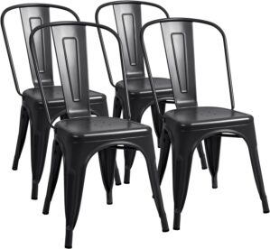 Furmax Metal Dining Chair Indoor-Outdoor Use Stackable Classic Trattoria Chair Chic Dining Bistro Cafe Side Metal Chairs Set of 4 (Black)