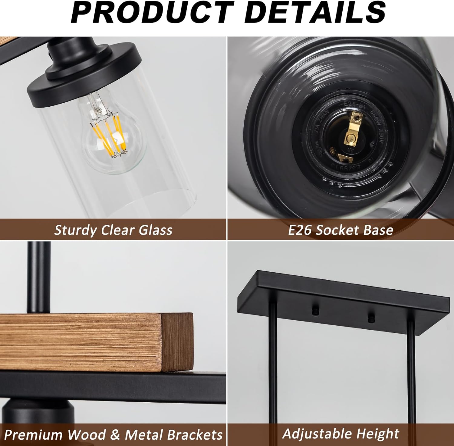 Dining Room Light Fixture Over Table, Farmhouse 4-Light Kitchen Island Lighting, Modern Wood Chandelier with Adjustable Height, Large Industrial Black Pendant Lights Ceiling Hanging for Living Room - Image 2