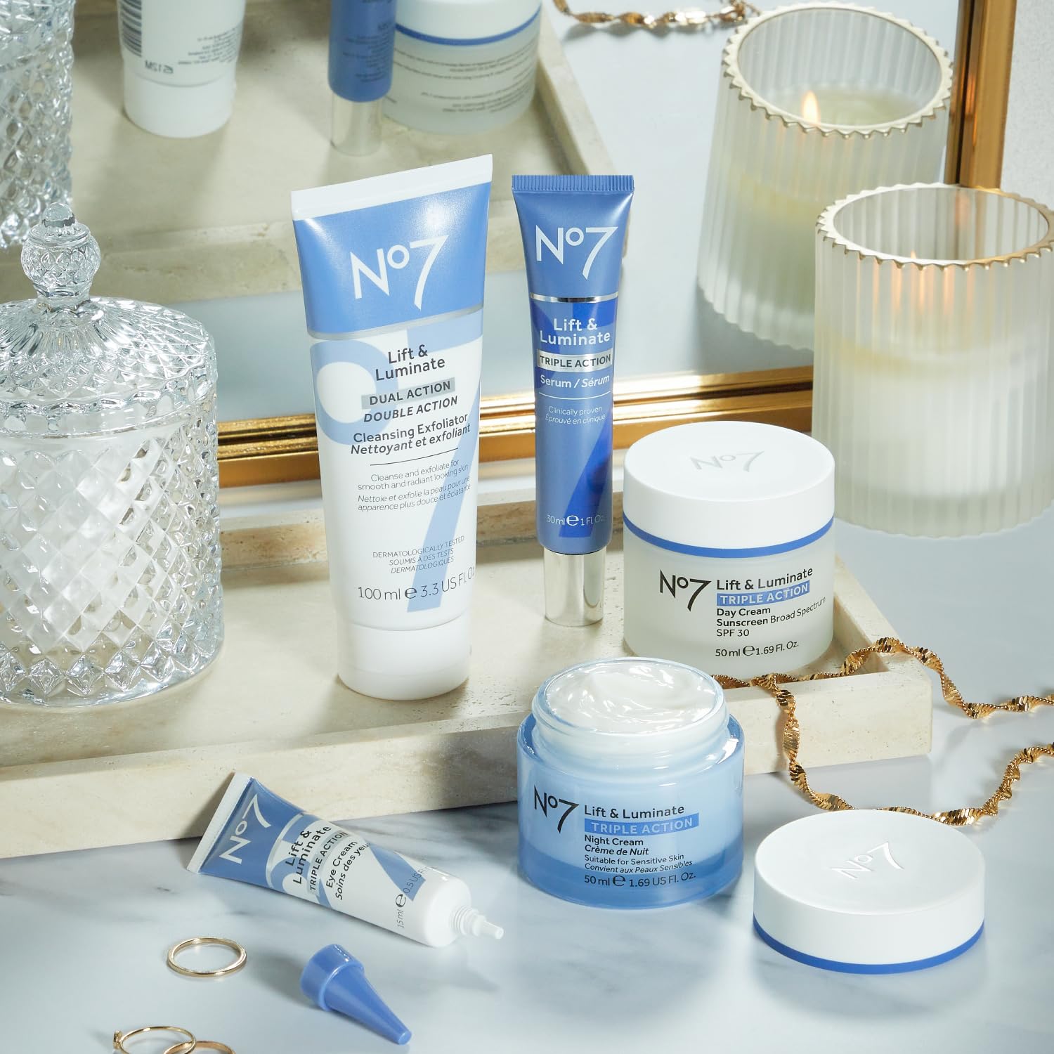 No7 Lift & Luminate Triple Action Skincare Set - Broad Spectrum Anti Aging Day Cream SPF 30 + Vitamin C Wrinkle Serum + Collagen Peptide Brightening Night Cream (3 Piece Kit) - Image 6