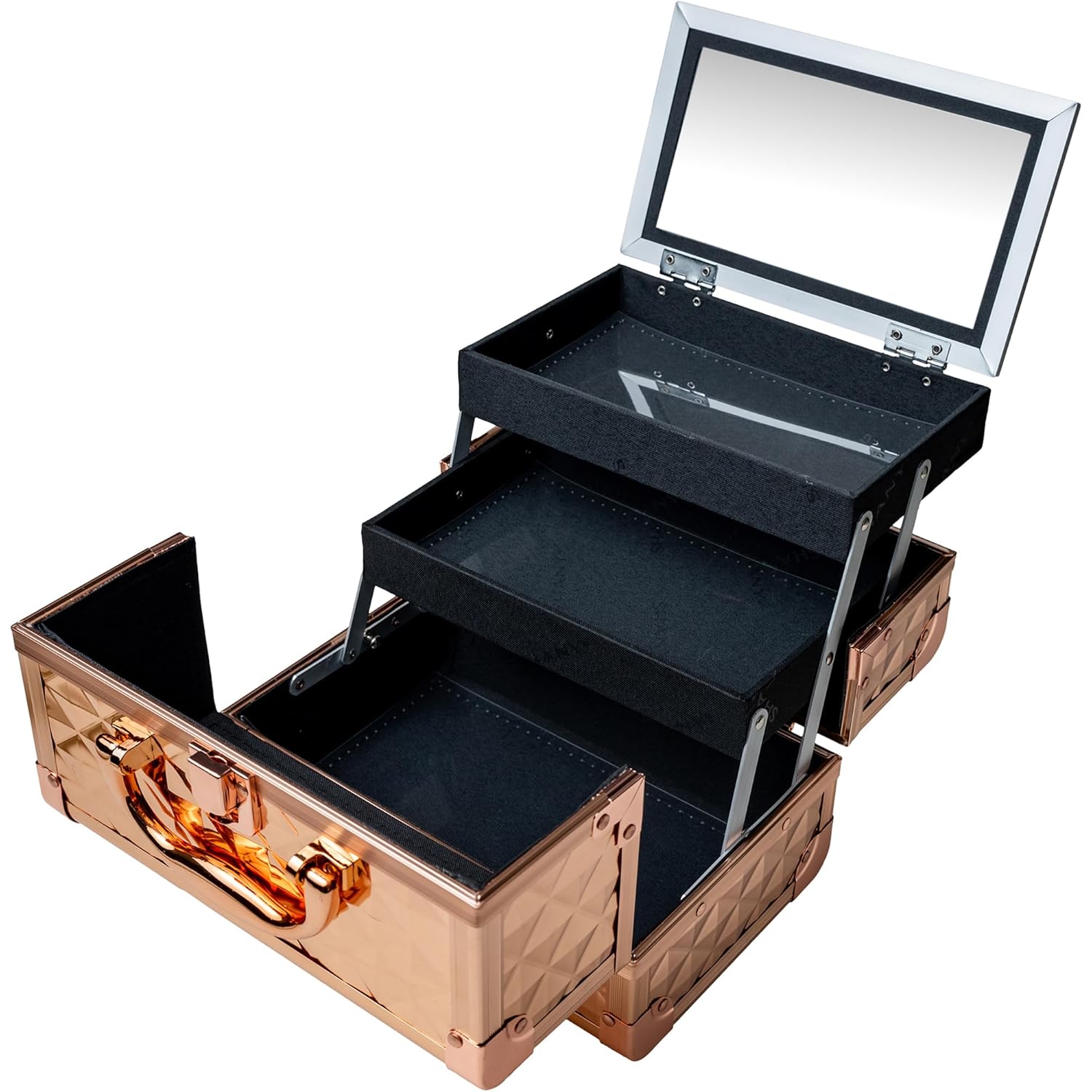 SHANY Chic Makeup Train Case Cosmetic Box Portable Makeup Case Cosmetics Beauty Organizer Jewelry storage with Locks, Multi trays Makeup Storage Box with Makeup Mirror - Rose Gold - Image 3