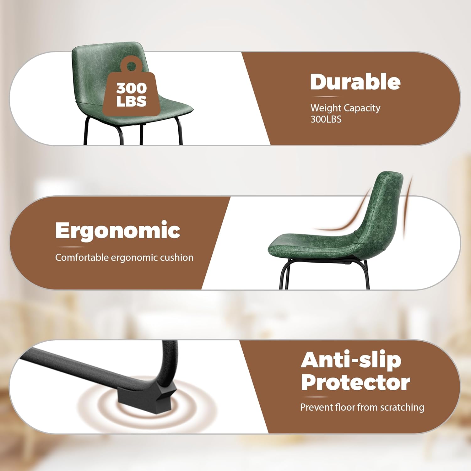 Dining Chairs Set of 2, 18 Inch Modern Armless Dining Chair with Back, Faux Leather Kitchen Dining Room Chair with Metal Legs for Home, Bistro Coffee Shops (Green) - Image 4