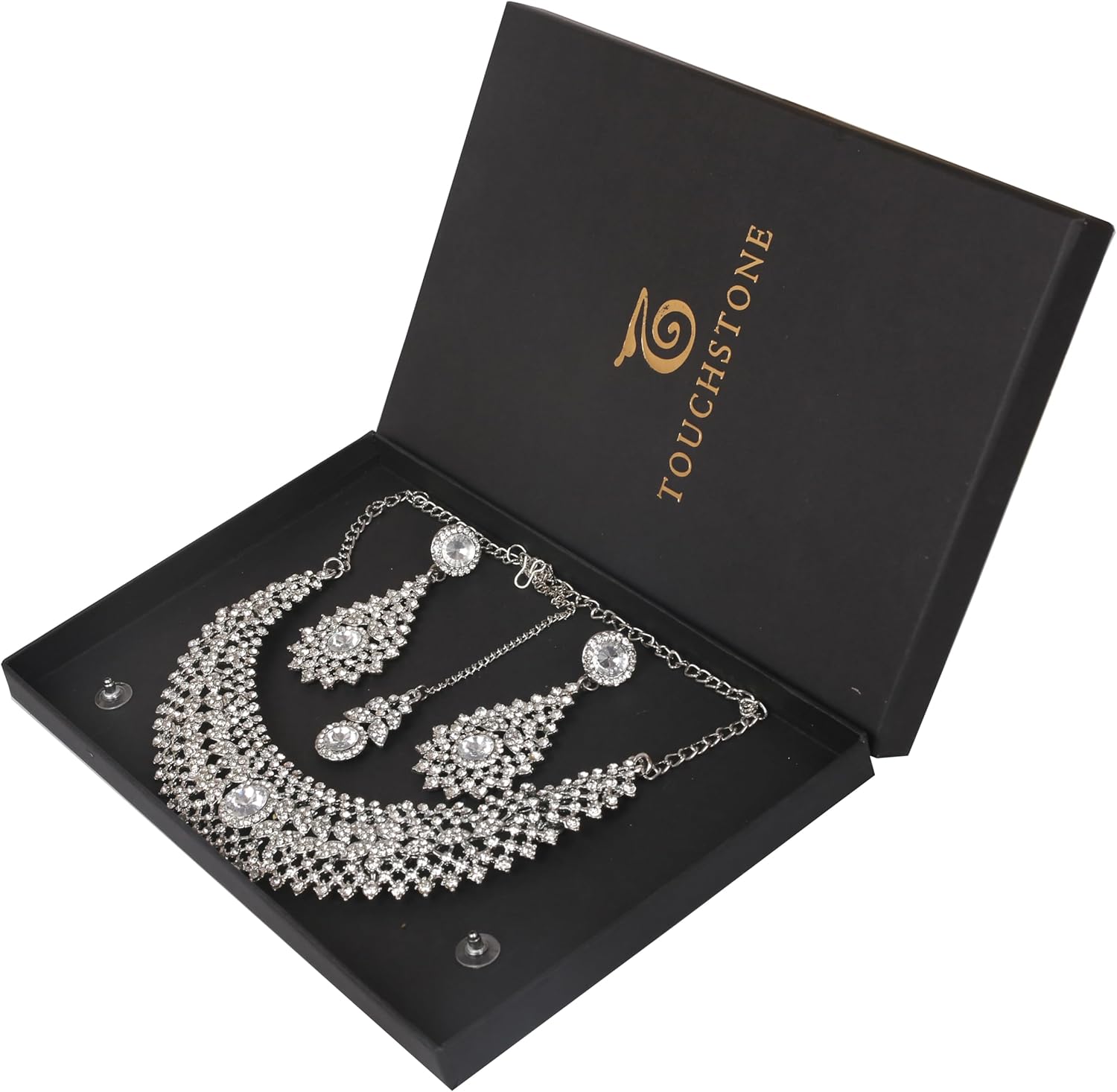 Touchstone Indian jewelry set for women rhinestone bridal necklace statement wedding brides earring formal big designer collar style trendy desi rhinestones maang tikka fashion in gold or silver tone - Image 6