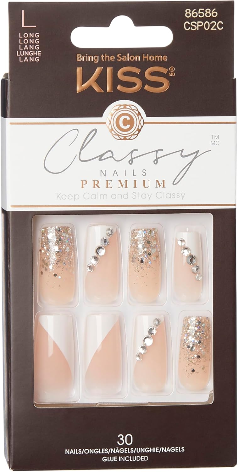 KISS Classy Premium Press On Nails, 'Gorgeous', White, Long Length, Square Shape, Includes 30 Fake Nails, 2g Pink Gel Nail Glue, 1 Manicure Stick, 1 Mini File - Image 2