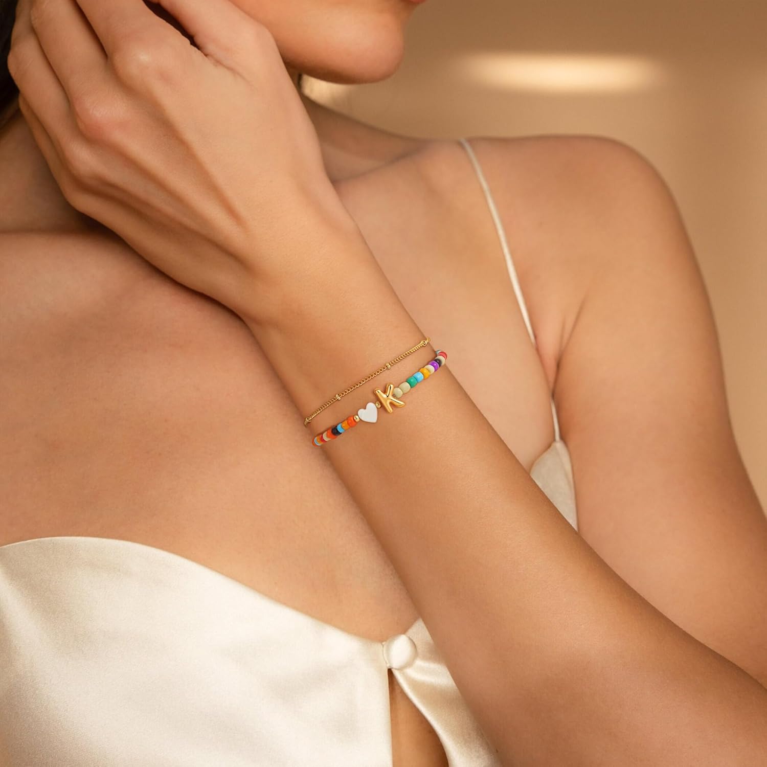 Colorful Initial Bracelets for Women Girls - 14K Gold Plated Heart Initial Letter Daint A-Z Charm Bracelet Summer Jewelry Teen Girl Gifts for Teen Kids - Image 4