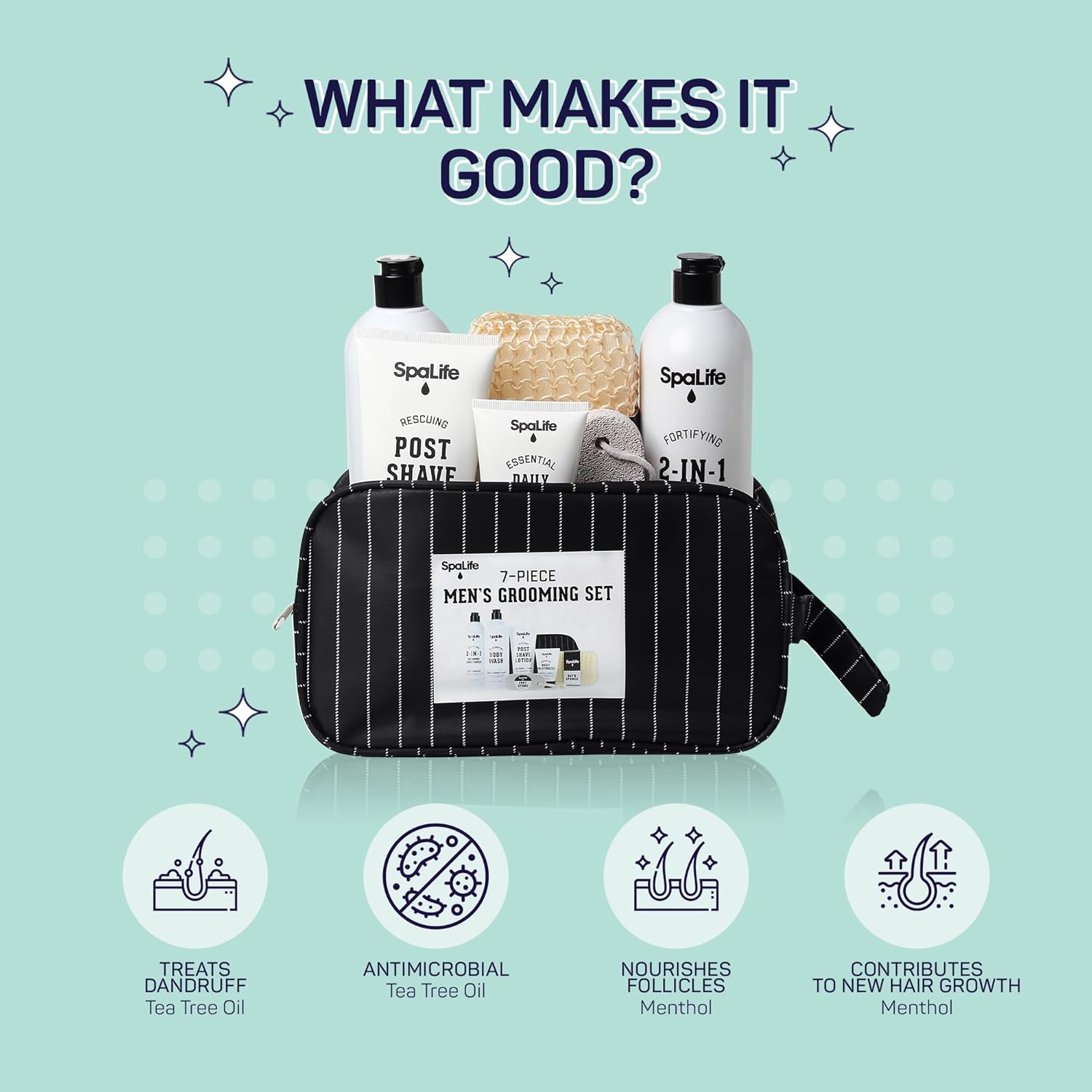 SpaLife 7-Piece Bath and Body Men Grooming Gift Set - 2-in-1 Shampoo & Conditioner, Body Wash, Daily Moisturizer, Post-Shave Lotion, Bath Sponge & Foot Stone for Luxurious At-Home Spa - Image 4