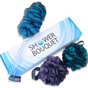 SHOWER BOUQUET Loofah-Charcoal Back-Scrubber & Bath-Sponge Color-Set // 1 Long-Handle-Back-Brush plus 2 Extra Large 75g Soft Mesh Loofa Lufa Loufa Poufs, Men & Women – Exfoliate with Full Pure Cleanse