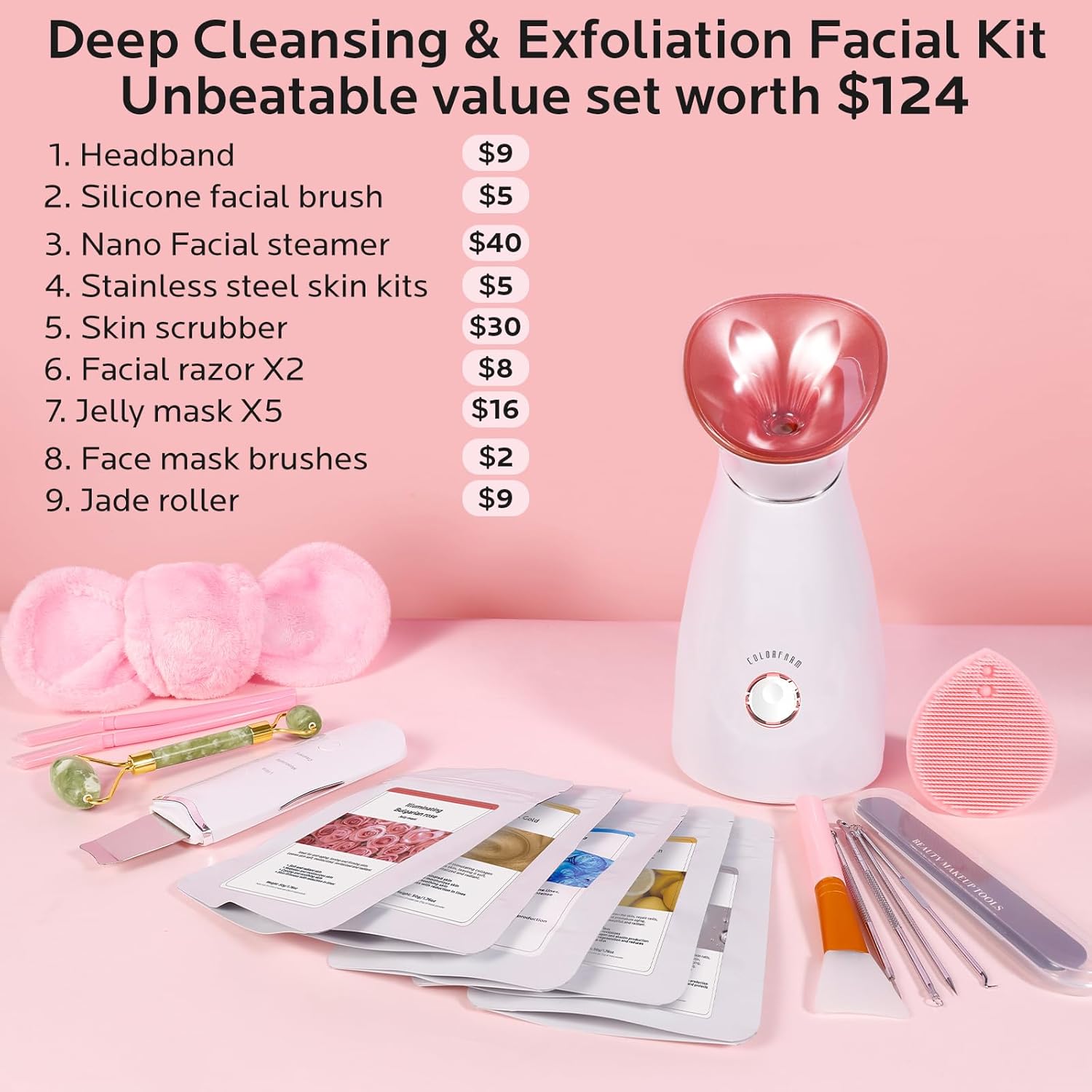 Colorfarm Facial Steamer Nano Ionic: Face Steamer Home Spa Kit Deep Cleaning Unclogs Pores Sinuses Inhaler with 8 Skin Care Tools - Self Care Gifts for Women (Deep Cleansing Facial Kit) - Image 4