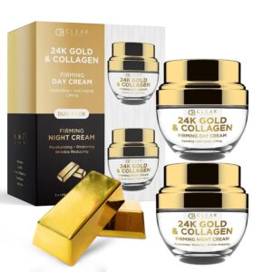 24K Gold & Collagen Day/Night Moisturizer Set – Dermatologist Tested, Hydrating, Anti-Aging Cream, Natural Ingredients, Cruelty Free Korean Skin Care, All Skin Types – Value Pack