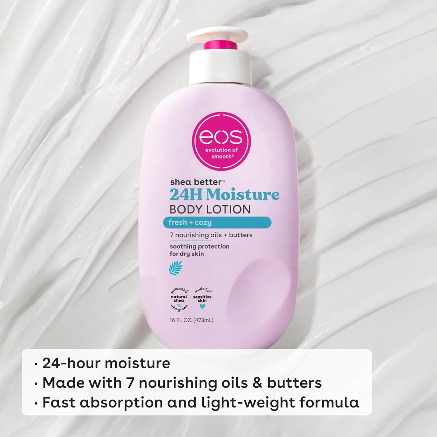 eos Shea Better Body Lotion- Fresh & Cozy, 24-Hour Moisture Skin Care, Lightweight & Non-Greasy, Made with Natural Shea, Vegan, 16 Fl Oz (Pack of 1) - Image 4