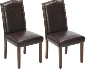 Sweetcrispy Dining Chairs Set of 2, Upholstered Leather Kitchen Room Chairs Mid Century Modern High-End Dining Room Side Chairs with Nailhead Trim and Wood Legs for Bedroom, Living Room, Brown
