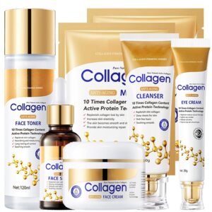 Collagen Skin Care Set, 6Pcs Anti Aging Face Care Sets for Women, Firming Skin, Shrink Pores, Smooth Wrinkles, Hydrating Skin Care Set Include Serum Face Cream Eye Cream Toner Cleanser Facial Mask1