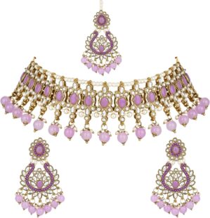 I Jewels Gold Plated Indian Wedding Bollywood Kundan Pearl Drop Choker Necklace Jewellery With Earrings & Maang Tikka Set For Women (K7276)