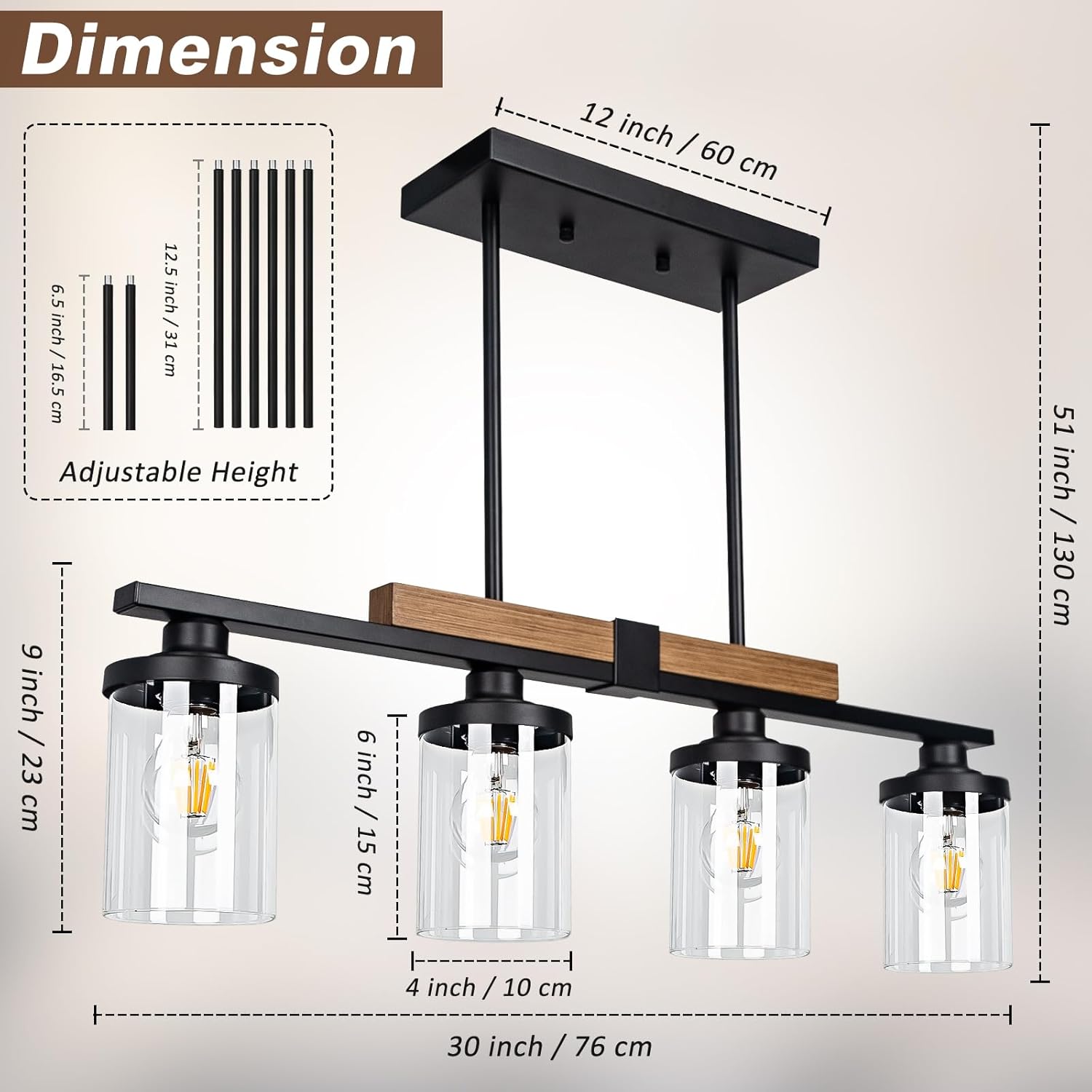 Dining Room Light Fixture Over Table, Farmhouse 4-Light Kitchen Island Lighting, Modern Wood Chandelier with Adjustable Height, Large Industrial Black Pendant Lights Ceiling Hanging for Living Room - Image 3
