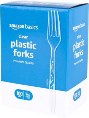 Amazon Basics Disposable Clear Plastic Forks, Premium Quality, 100 Count, Large Pack