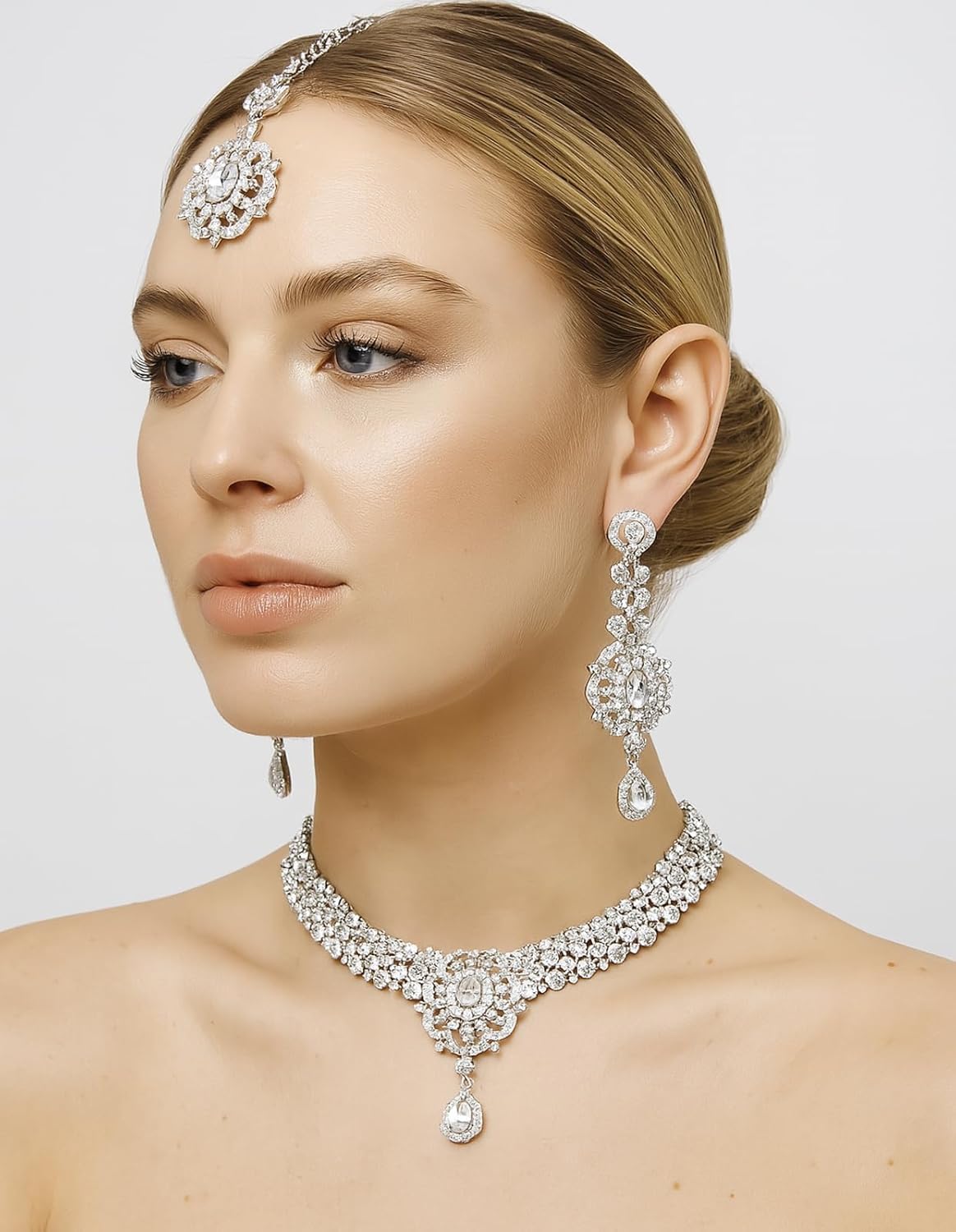 Touchstone Indian Bollywood Desire Enchanting Floral Diamond Studded Look Rhinestone Bridal Designer Jewelry Necklace Set In Gold or White Tone For Women. - Image 2