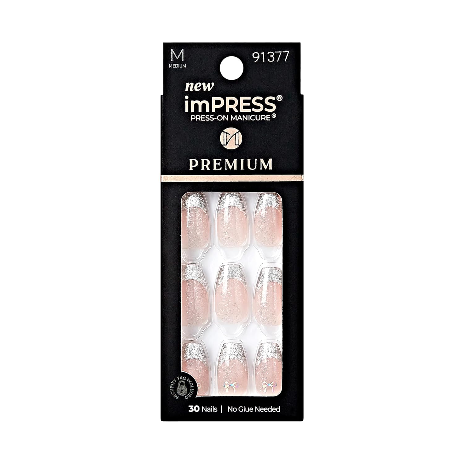 KISS imPRESS No Glue Mani Press-On Nails, Premium, 'Memory Lane', Silver, Medium Size, Coffin Shape, Includes 30 Nails, Prep Pad, Instructions Sheet, 1 Manicure Stick, 1 Mini File