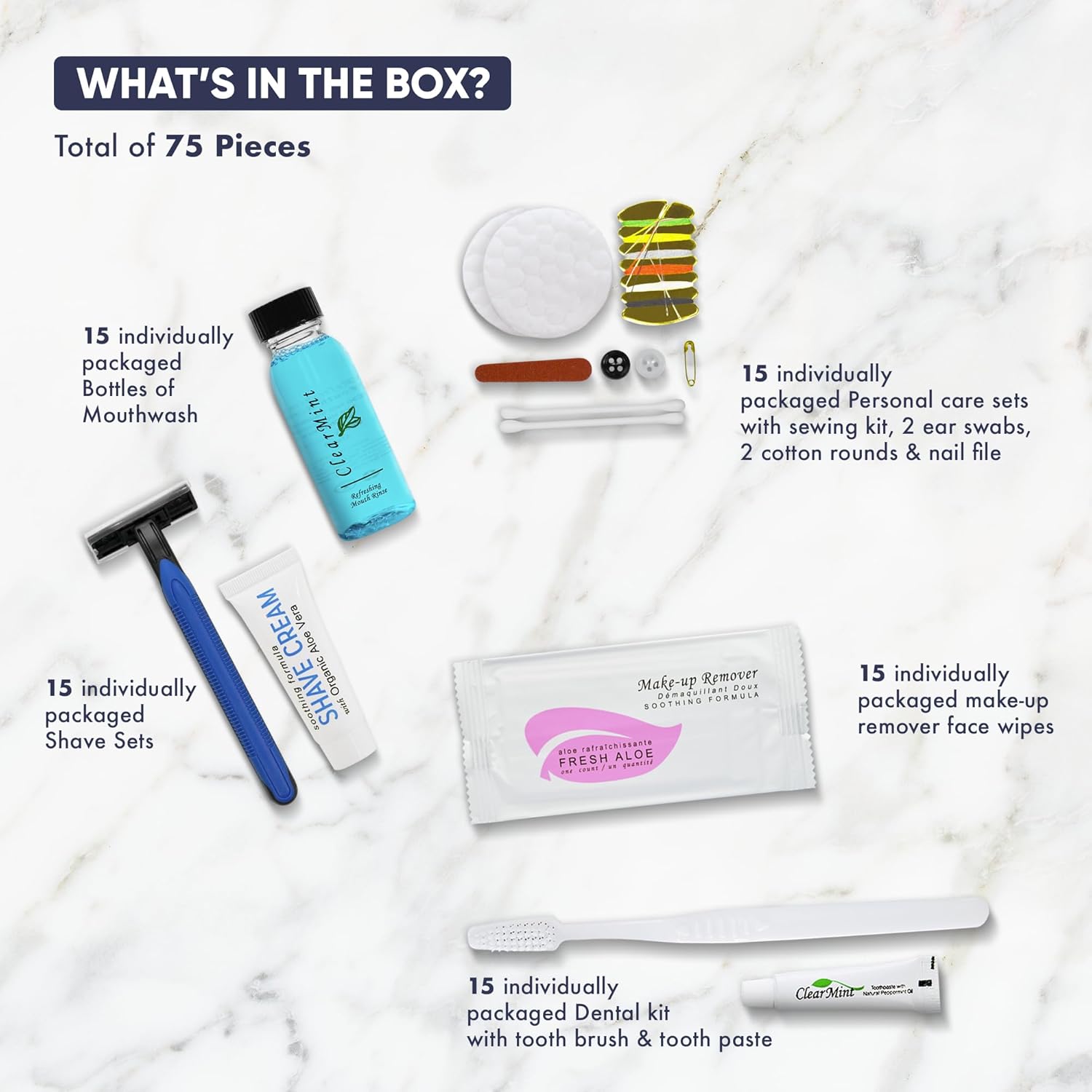 Personal Care Travel Toiletries | 1-Shoppe Amenities Kit | Travel Shaving Set, Toothbrush & Paste, Mouthwash, Makeup Wipes, Swabs, Nail File & Sewing Kit | 75 Pieces - Image 3