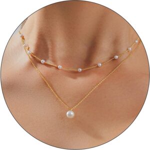 Pearl Necklace for Women Trendy 14K Gold Plated Dainty Pearl Pendant Choker Set Handmade Pearl Gold Necklace Non Tarnish Simple Cute Jewelry Gifts for Women