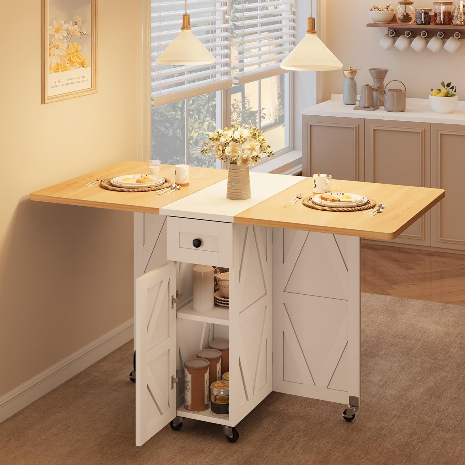 Space Saving Folding Dining Table, Farmhouse Foldable Dining Table with Drawer and 2-Layer Storage Shelf, 6 Wheels Multipose Expandable Kitchen Drop Leaf Table for Small Space (Pear Wood White) - Image 4