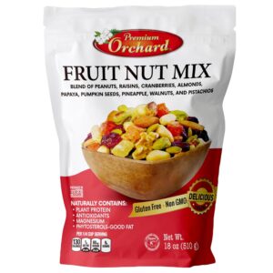 FRUIT NUT MIX TRAIL MIX by PREMIUM ORCHARD – Gourmet Trail Mix Bulk Blend of Mixed Nuts & Dried Fruit – Healthy Vegan Snacks, Snack Nut Mix, Plant Protein Source, Non-GMO, Natural – 18oz