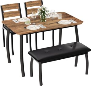IDEALHOUSE 43” Dining Table Set for 4, Wooden Kitchen Table with Upholstered Bench & 2 Cushion Chairs, Industrial Dinette Set for Studio, Kitchen, Dining Room, Apartment, Retro