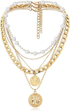 MJartoria Gold Layered Necklaces for Women Trendy Retro Coin Pendant Necklace Dainty Chunky Chain Choker Necklaces for Jewelry Birthday Gifts