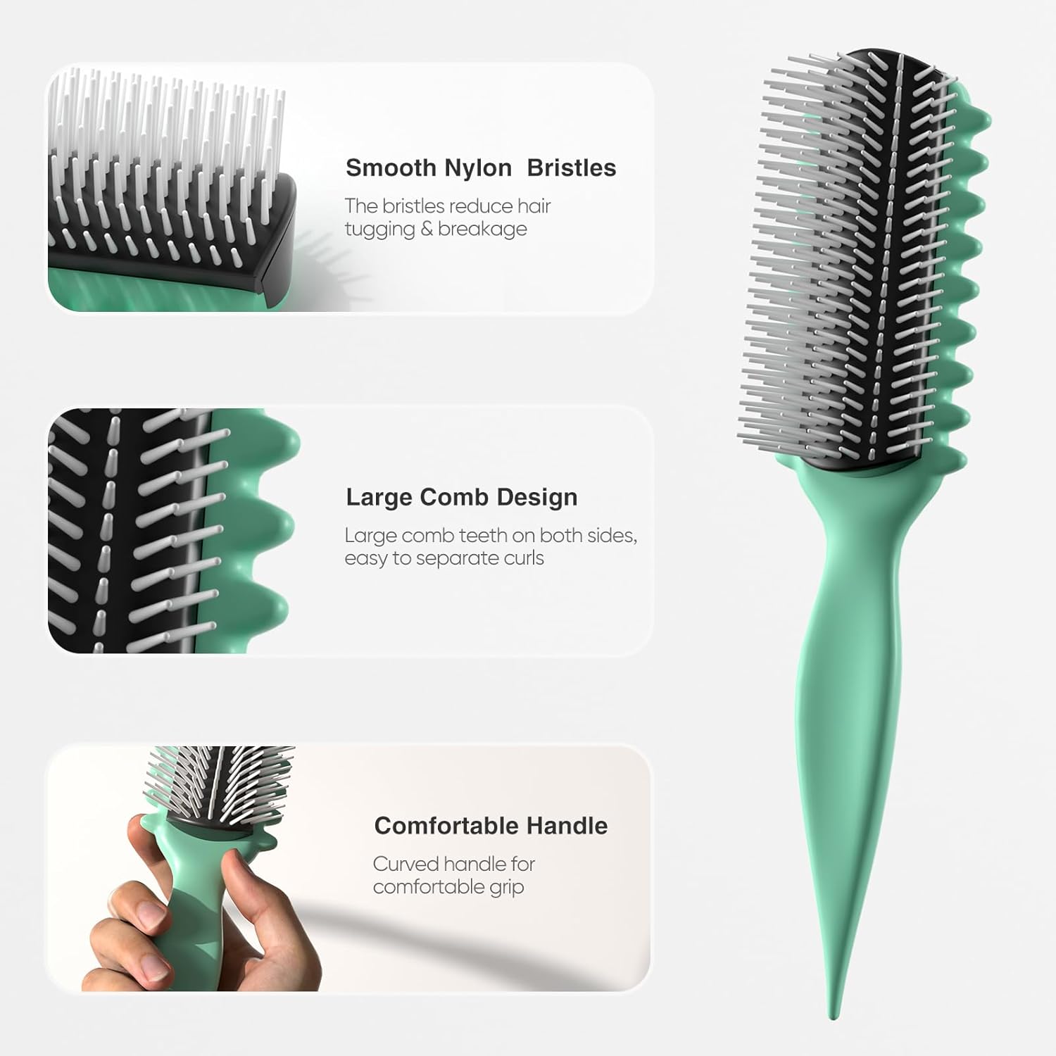 AM8:00 Curl Defining Brush,9Rows Premium Styling Hairbrush for Curly Hair, Enhances Curls Definition & Separation, (Green) - Image 3