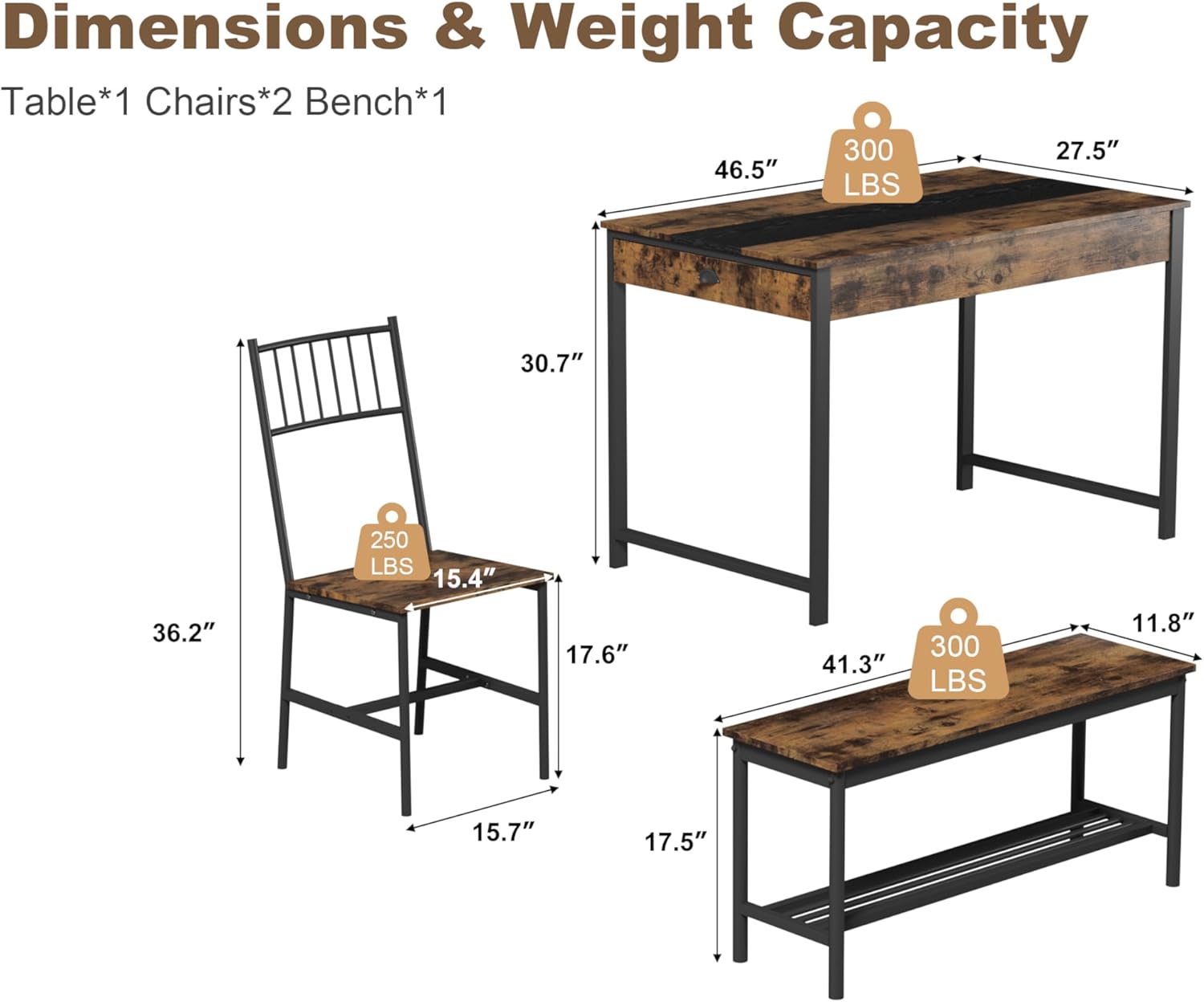 GarveeHome Dining Table Set for 4, Small Kitchen Table and 2 Chairs for 4 with Bench, Space Saving Kitchen Table Set with Storage Rack & Drawers, Breakfast Nook Rectangular Farmhouse Table Set,Retror - Image 2