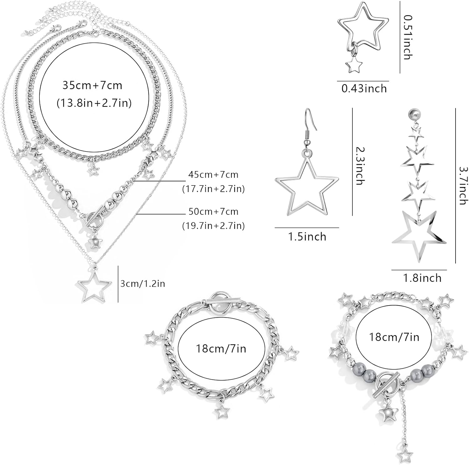 NEWITIN 11 Pieces Star Jewelry Set for Women Fashion Costume Jewels Pendant Star Necklace Bracelet Earrings Silver Jewelry Set for Women - Image 2