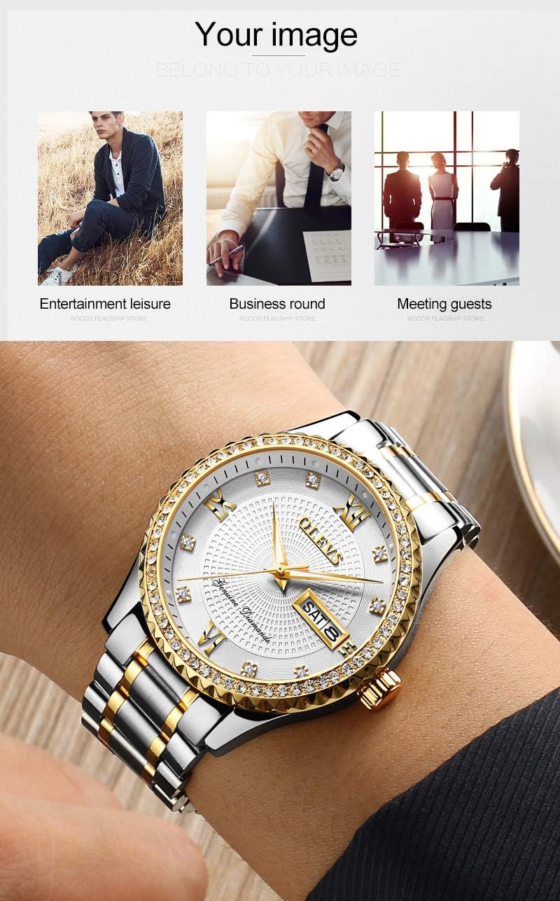 OLEVS Diamond Watches for Men,Business Dress Watch Waterproof Luminous,Male Golden Big Dial Luxury Casual Quartz Analog Watches with Day Date Calendar and Stainless Steel Band - Image 6