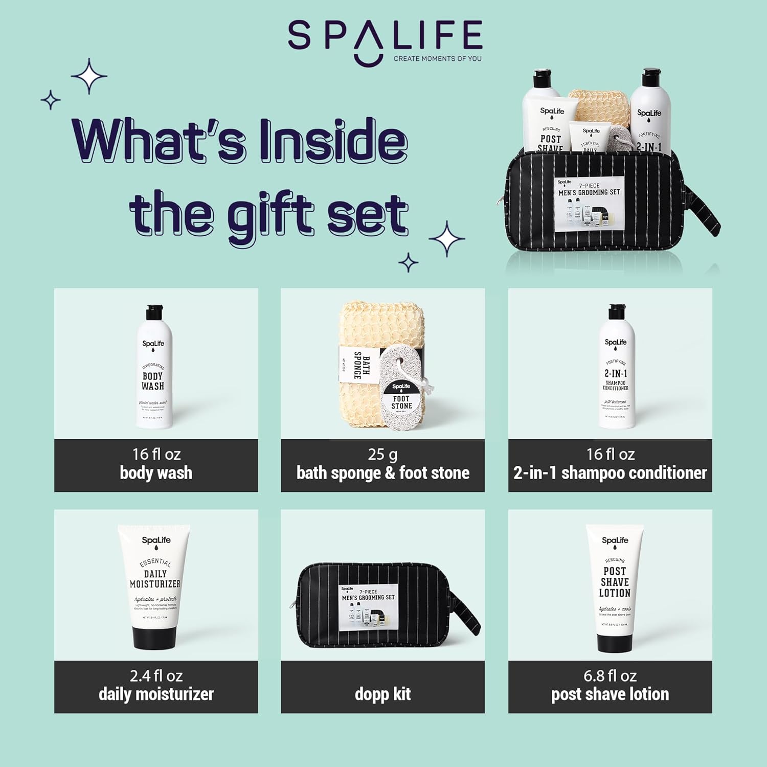 SpaLife 7-Piece Bath and Body Men Grooming Gift Set - 2-in-1 Shampoo & Conditioner, Body Wash, Daily Moisturizer, Post-Shave Lotion, Bath Sponge & Foot Stone for Luxurious At-Home Spa - Image 3