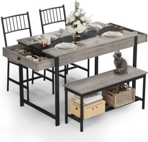 GarveeHome Dining Table Set for 4, Small Kitchen Table and 2 Chairs for 4 with Bench, Space Saving Kitchen Table Set with Storage Rack & Drawers, Breakfast Nook Rectangular Farmhouse Table Set, Grey