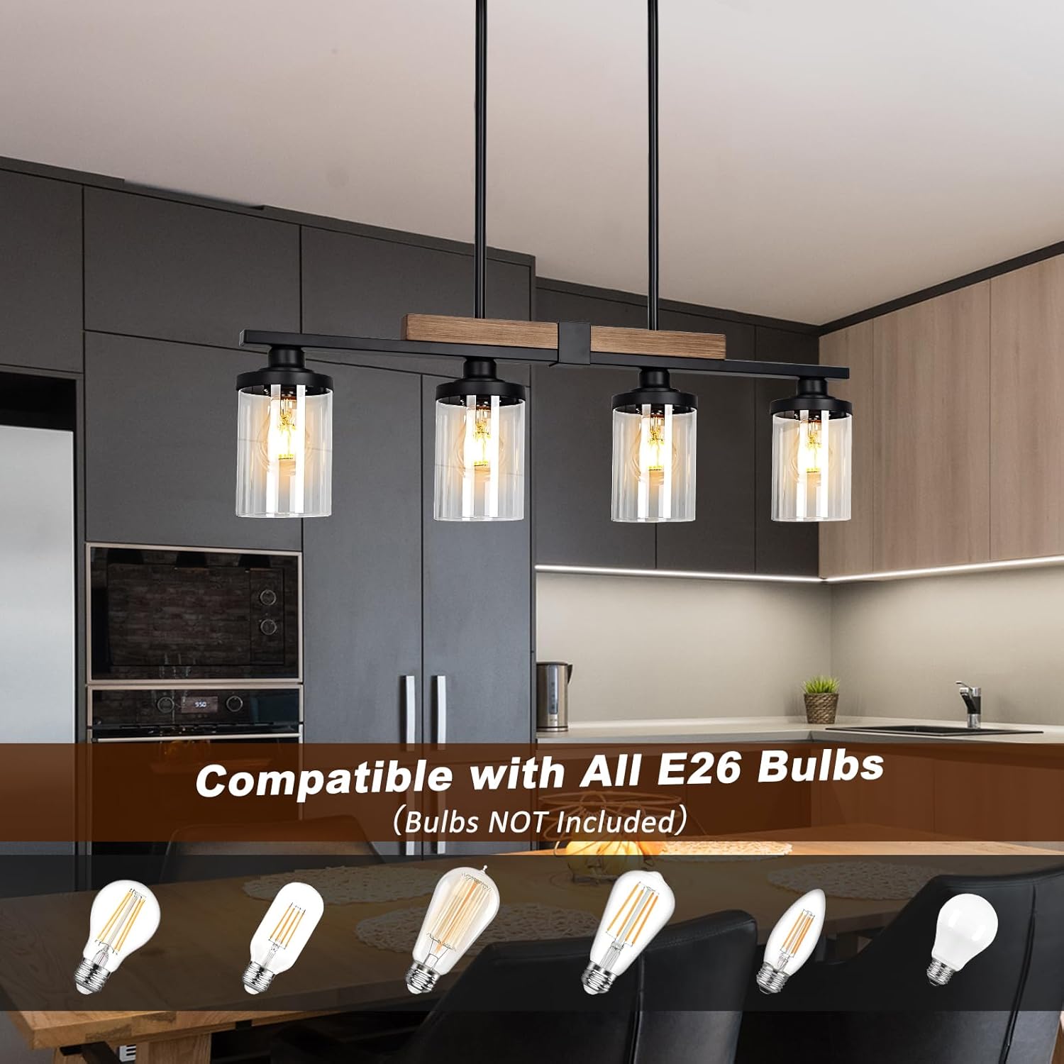 Dining Room Light Fixture Over Table, Farmhouse 4-Light Kitchen Island Lighting, Modern Wood Chandelier with Adjustable Height, Large Industrial Black Pendant Lights Ceiling Hanging for Living Room - Image 4