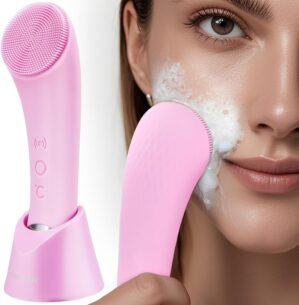 PRITECH Facial Cleansing Brush, Rechargeable Silicone Face Scrubber with Heat Massage End, Vibrating Exfoliator Scrubber for Deep Cleaning, Waterproof Face Brush for Women and Men (Pink)