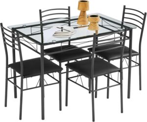 VECELO 5-Piece Kitchen Dining Table Set, Glasses Tabletop & Heavy-Duty Metel Frame, Rectangle Dinette with 4 Chairs for Small Space, Breakfast Nook, Glasses & Black
