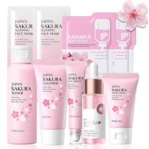 9PCS Japan Sakura Skin Care Set, Sakura Skin Care For Teens 10-12, Skincare For Girls 10-12, Teen Skin Care Kits For Girls Ages 11-14 With Toner,Cleanser,Eye Serum,Face Serum,Face Cream