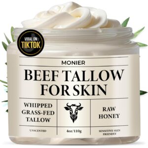 MONIER Whipped Beef Tallow for Skin, Tallow and Honey Balm for Face, Moisturizer with 100% Organic Grass-Fed Beef Tallow & Raw Wild Honey – Natural Formula for Dry & Sensitive Skin (Unscented)