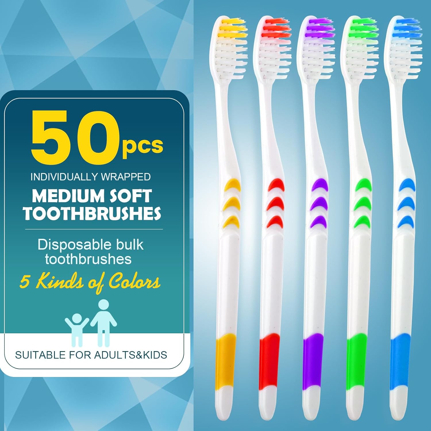 Navona 50 PCS Premium Individually Wrapped Bulk Toothbrush Pack, Disposable Toothbrushes, Kids Toothbrush, Medium Soft Bristle Toothbrushes, Ergonomics Handle, Perfect for Travel Hotel Donation - Image 2