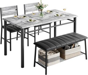 IRONCK Dining Table Set for 4, Kitchen Table with Upholstered Bench and 2 Chairs, Kitchen Table and Chairs Set for Small Space, Apartment, Gray