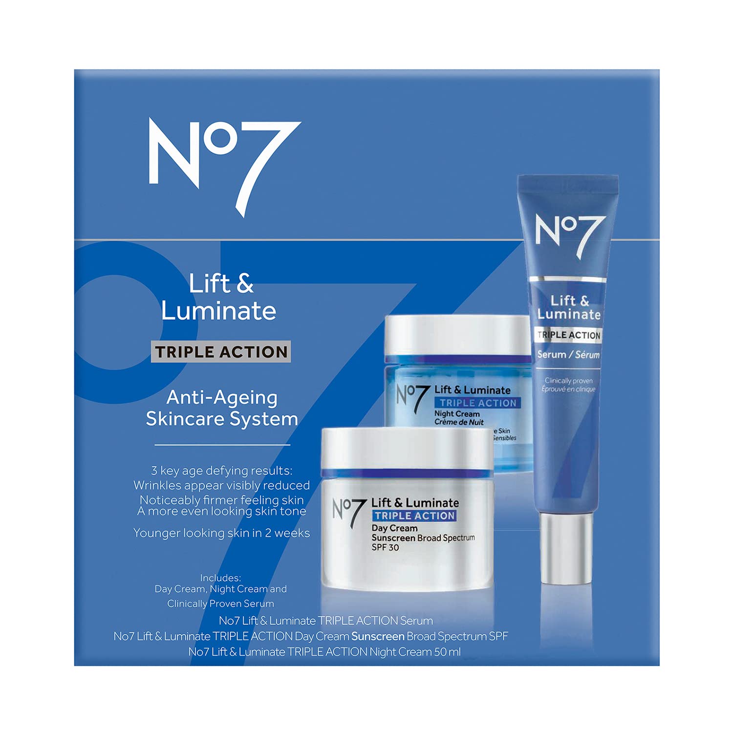 No7 Lift & Luminate Triple Action Skincare Set - Broad Spectrum Anti Aging Day Cream SPF 30 + Vitamin C Wrinkle Serum + Collagen Peptide Brightening Night Cream (3 Piece Kit) - Image 2