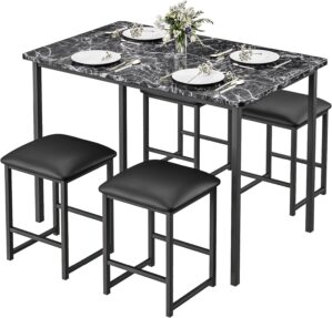 VECELO Kitchen Table and Chairs for 4, Dining Room Set with PU Chairs/Stools, Heavy-Duty Metal Frame, Faux Marble Tabletop, Space-Saving Design for Small Spaces, Easy Assembly, Elegant Black