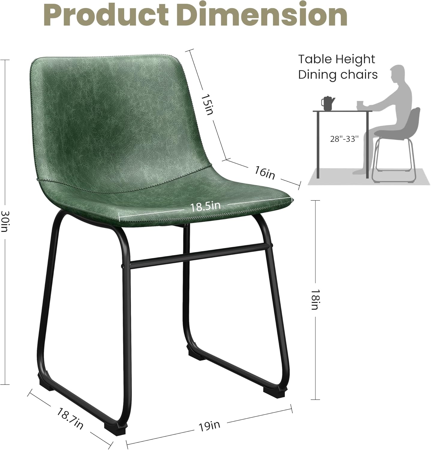 Dining Chairs Set of 2, 18 Inch Modern Armless Dining Chair with Back, Faux Leather Kitchen Dining Room Chair with Metal Legs for Home, Bistro Coffee Shops (Green) - Image 2