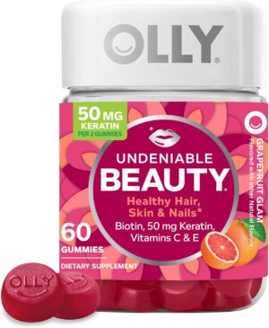 OLLY Undeniable Beauty Gummy, For Hair, Skin, Nails, Biotin, Vitamin C, Keratin, Chewable Supplement, Grapefruit, 30 Day Supply – 60 Count