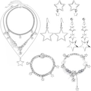 NEWITIN 11 Pieces Star Jewelry Set for Women Fashion Costume Jewels Pendant Star Necklace Bracelet Earrings Silver Jewelry Set for Women