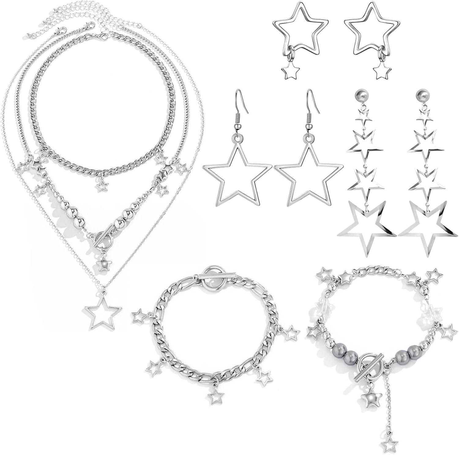 NEWITIN 11 Pieces Star Jewelry Set for Women Fashion Costume Jewels Pendant Star Necklace Bracelet Earrings Silver Jewelry Set for Women